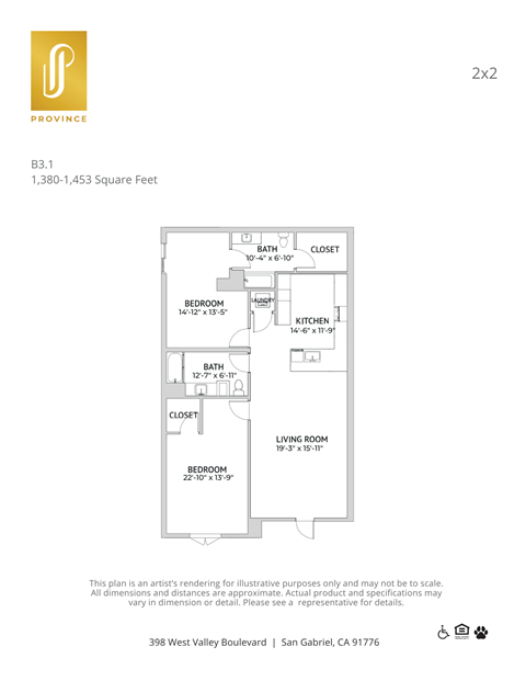 Floor plan for 2 beds, 2 baths, 1380 sqft